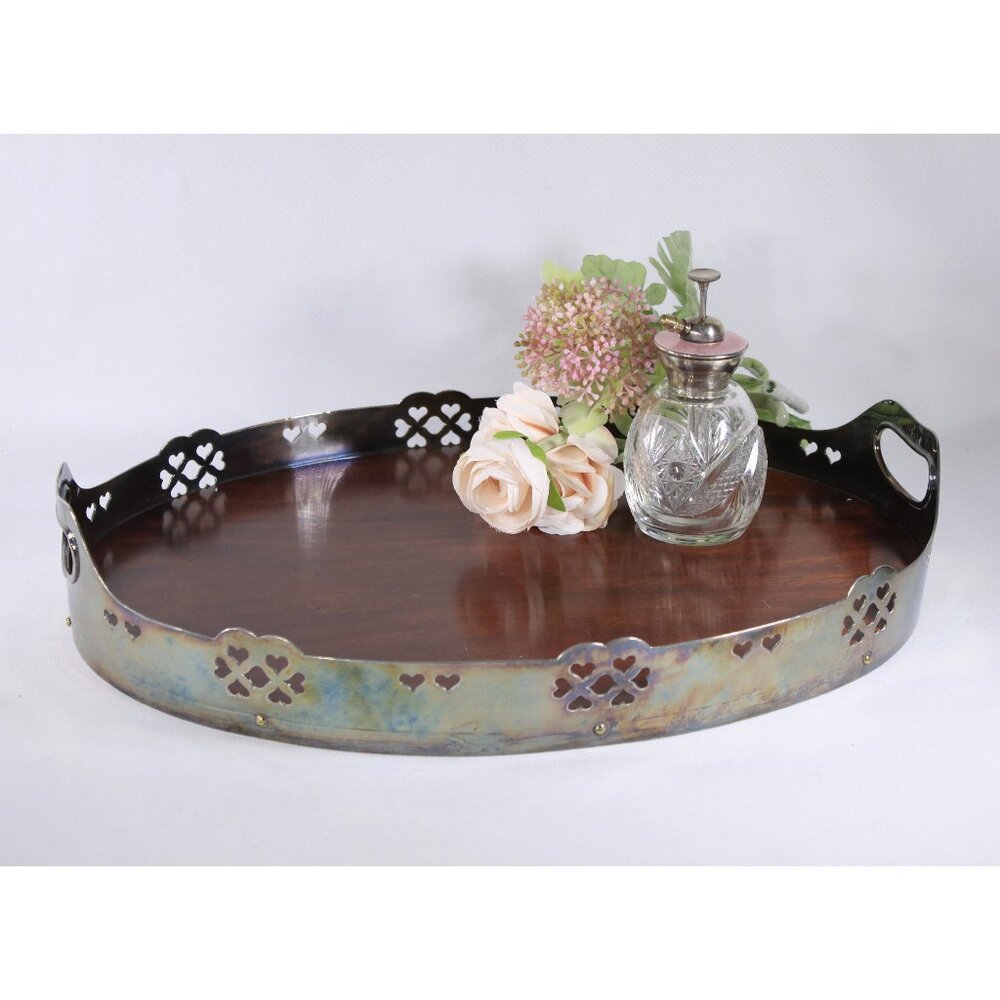 Vintage Industrial handcrafted serving tray, Edwardian style heart cut out metal
